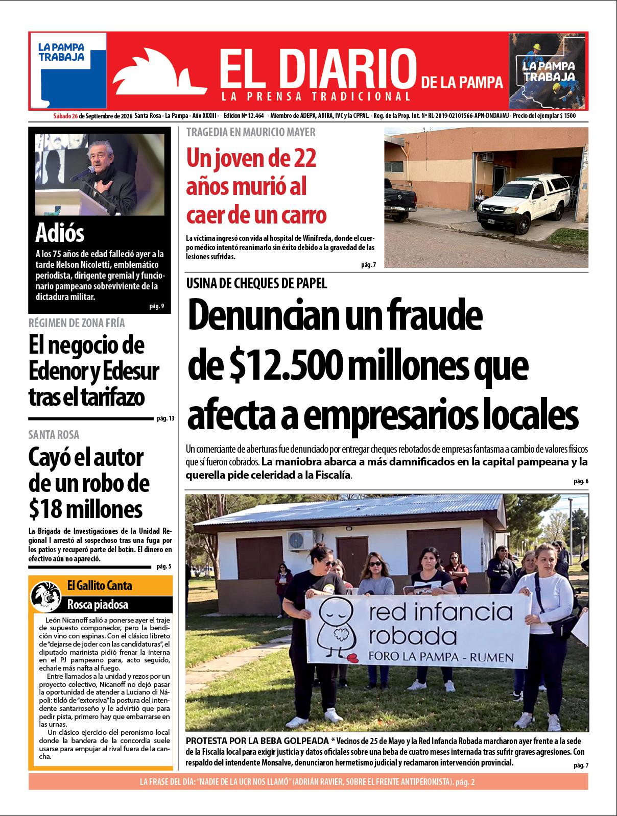 Tapa de El Diario en papel  saacutebado 26 de septiembre de 2026